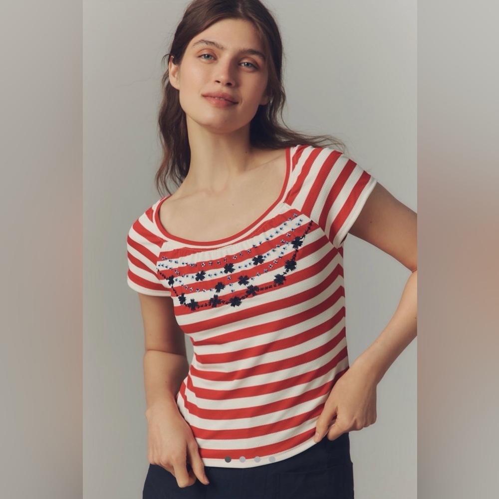 Maeve embroidered flowers scoop neck tee